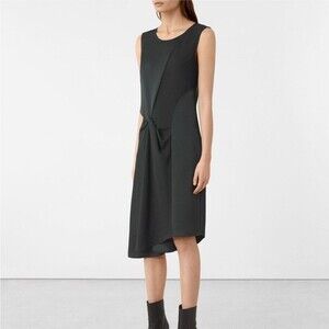 Allsaints Fern Dress in Oil Black Asymmetrical Twist Front‎ Size 6